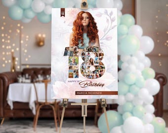 18th Birthday Photo Collage Template, 24x36 Floral Poster, Canva Birthday Sign Editable Printable Digital
