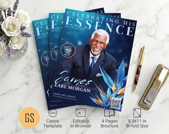 Blue Essence Funeral Program Template | Canva: 4-Page Floral Magazine-Style Bifold Obituary (8.5x11) Digital Download