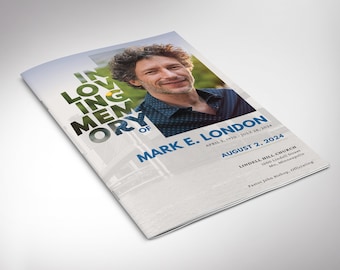 Op de afbeelding: Een rouwprogramma met een foto van een man in een blauw overhemd. Het programma is getiteld "In Loving Memory of Mark E. London" met de data "5 april 1970 - 28 juli 2014" en "2 augustus 2024". Het programma bevat ook de naam en het adres van de kerk waar de begrafenis zal plaatsvinden.