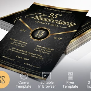Church Anniversary Banquet Flyer Template for Canva, Black and Gold, Pastor Appreciation, Party Invitation