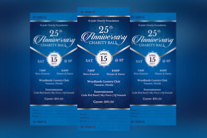 Blue Silver Anniversary Banquet Ticket Template Word Template, Publisher Church Anniversary, Pastor Events 3x7 in image 2