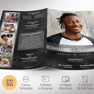 Plantilla de programa funerario de Silver Rock para Canva, color negro, descarga editable, celebración de la vida, plantilla de obituario para hombres, 8 páginas, 5,5 x 8,5"