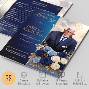 May include: A funeral program brochure featuring a portrait of an older man in a suit, with the text In Loving Memory, Jason E. Maxwell, 1969-2026. The design includes blue and white roses, gold leaves, and a sky background, measuring 7x8.5 inches.