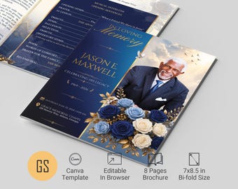 Blue Rose Funeral Program Canva Template 8 Page 8.5x14 Legal Memorial Booklet (Digital Download)