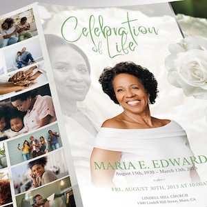 May include: A memorial program with a collage of family photos and the words "Celebration of Life." The program features a smiling woman, the name "Maria E. Edwards," and event details in green text. White roses are in the background.