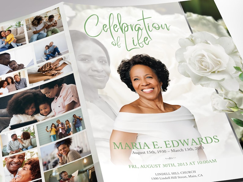 May include: A memorial program with a collage of family photos and the words "Celebration of Life." The program features a smiling woman, the name "Maria E. Edwards," and event details in green text. White roses are in the background.