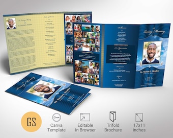 Blue Gold Tabloid Trifold Funeral Program Template, Canva Template, Celebration of Life, Obituary Program | 11x17 in