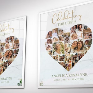 Transform your cherished memories into a beautiful tribute with the Tropica Funeral Heart Photo Collage Template for Canva. This large funeral welcome sign features a Photo Heart Shape Collage that showcases your loved ones special moments