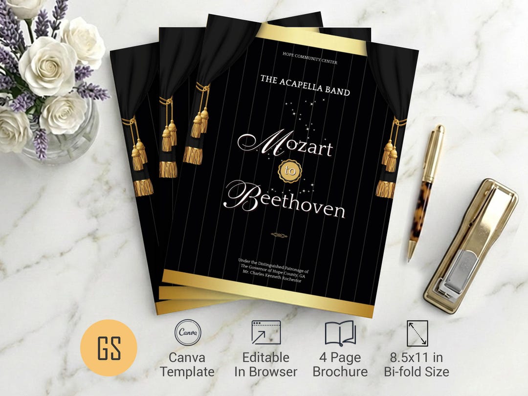 Black & Gold Musical Event Program Template: 4-page Bifold Concert