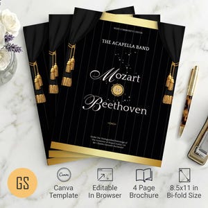 Modello di programma per eventi musicali Black & Gold: brochure per concerti a due ante di 4 pagine / download digitale Canva (8,5x11)