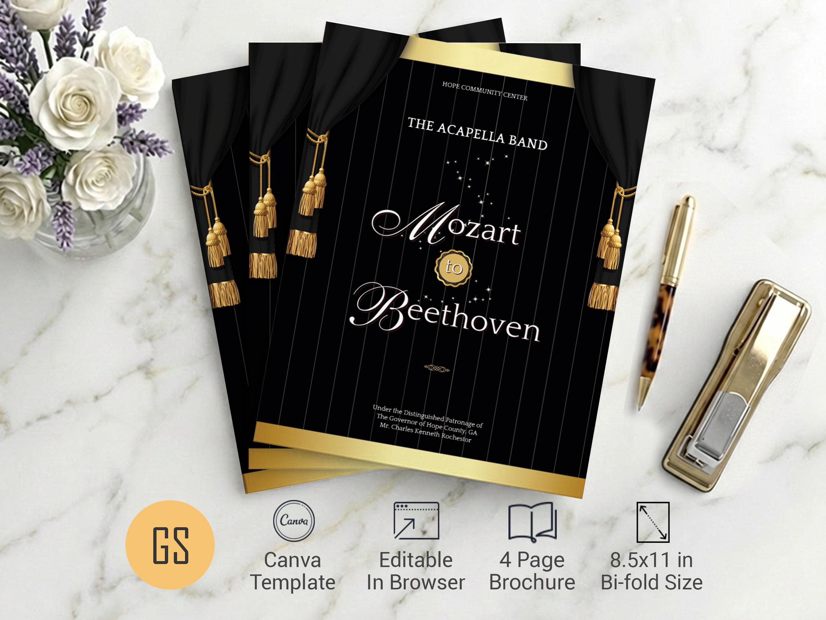 Black & Gold Musical Event Program Template: 4-page Bifold Concert