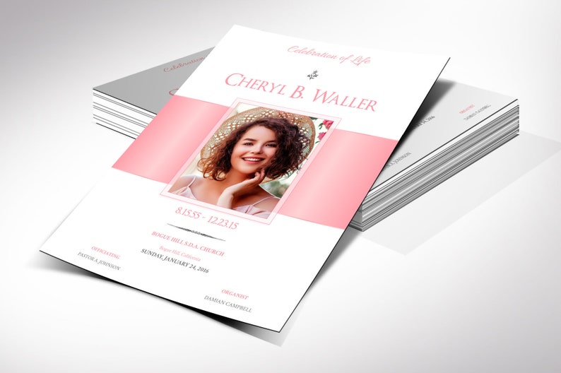 White Pink Funeral Program Template, Single Sheet Word Template, Publisher V1 Celebration of Life 8.5x11 in image 3