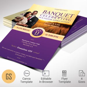 Purple & Gold Pastor Anniversary Flyer: Church Banquet Invitation (Canva Template Digital Download)