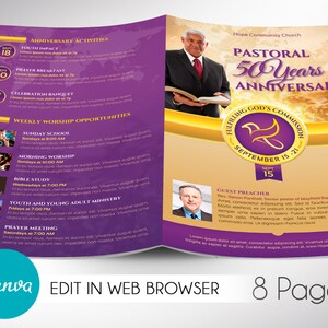 May include: Purple and gold church program for a 50th anniversary celebration. The program includes a schedule of events, a guest preacher announcement, and weekly worship opportunities. The text reads "Fulfilling God's Commission - September 15-21".