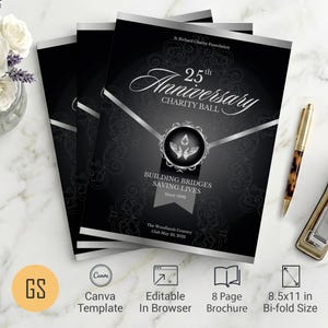 Black & Silver Anniversary Gala Program Template | Canva: 8-Page Bifold Booklet (8.5x11) Digital Download