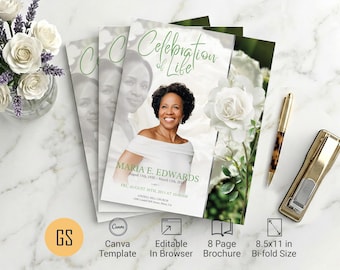 White Rose Funeral Program Template | Canva: 8 Page Tabloid Bifold Memorial Obituary (8.5x11) Digital