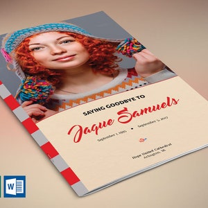 May include: A memorial booklet featuring a photograph of a woman wearing a colourful knitted hat. The cover text reads "Saying Goodbye to Jaque Samuels, September 1, 1995 - September 5, 2017, Hope United Cathedral, Arlington, VA."