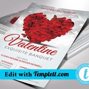 Valentinstag Hochzeitskarte Flyer Vorlage für Templett, Rose Blütenblatt Herz, Romantisch, Rot Weiß, Valentinstag Party Einladung, Größe 14x22cm