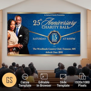 Puede incluir: Un anuncio de evento azul y dorado para el 25º Aniversario del Baile Benéfico de la Fundación St. Richard. El cartel presenta una pareja, la fecha 15 de abril de 2025 y la hora 20:00. El Woodlands Country Club en Tamarac, MN es el lugar.