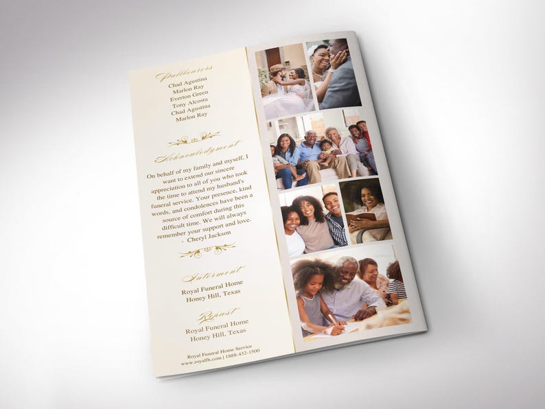 Classic Rose Funeral Program Template | Canva: Beige & Gold 4-page ...