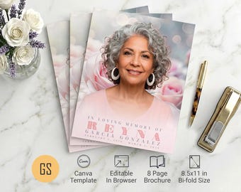 Plantilla de programa funerario Pink Roses / Canva: Obituario conmemorativo plegable de 8 páginas (8,5 x 11) Descarga digital