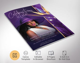 Plantilla de programa funerario Purple Paradise / Canva: Obituario conmemorativo plegable (5,5 x 8,5 pulgadas) Descarga digital