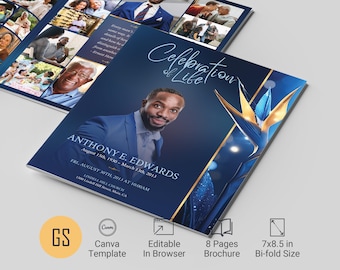 Plantilla de programa funerario azul y dorado: Celebración de la vida en el paraíso (Canva, 8 páginas)