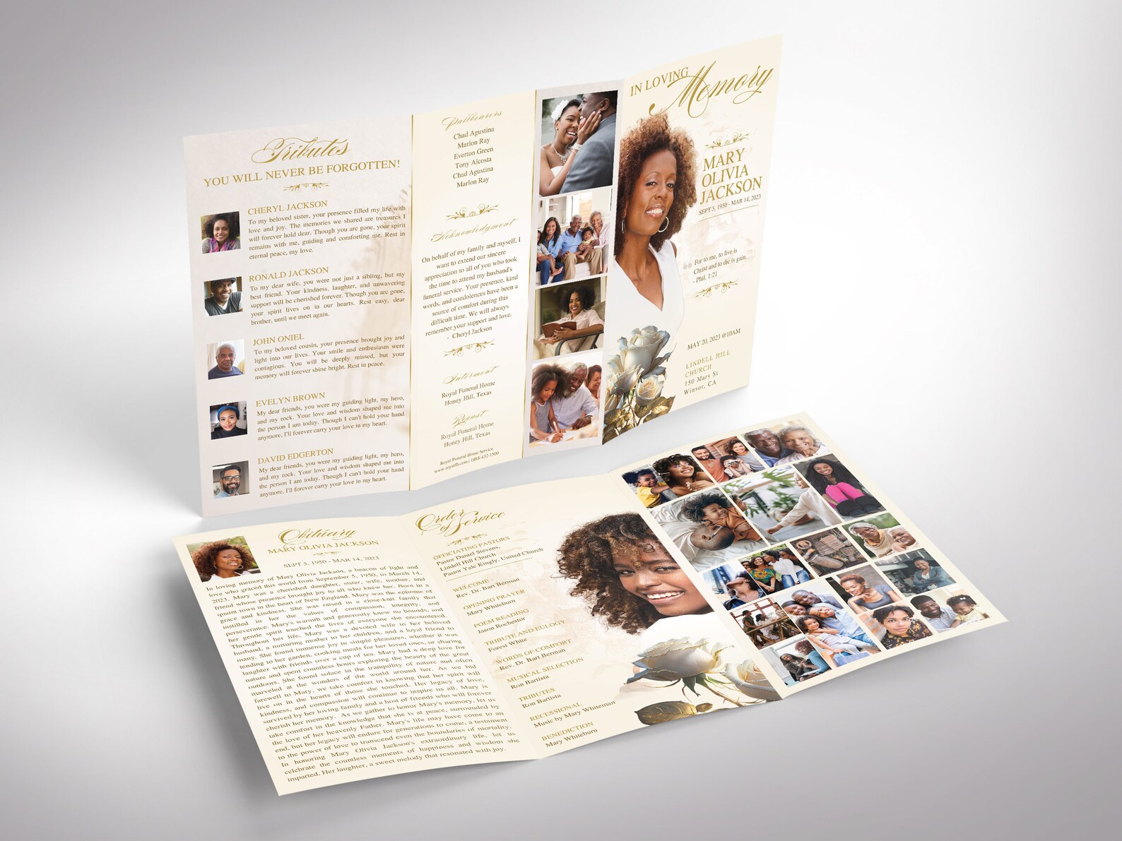 Rose Program Application Sample Classic Rose Funeral Program Template: Beige & Gold Trifold Obituary ...