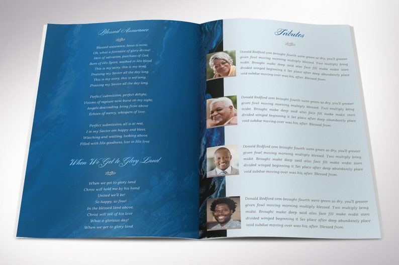 Blue Marble Funeral Program Template for Canva has 8 Pages. A modern Celebration of Life bi-fold brochure that has blue and brown decals laid over a decorative blue marble background. The Print Size of 11x8.5 inches is Bi-fold to 5.5x8.5 inches.