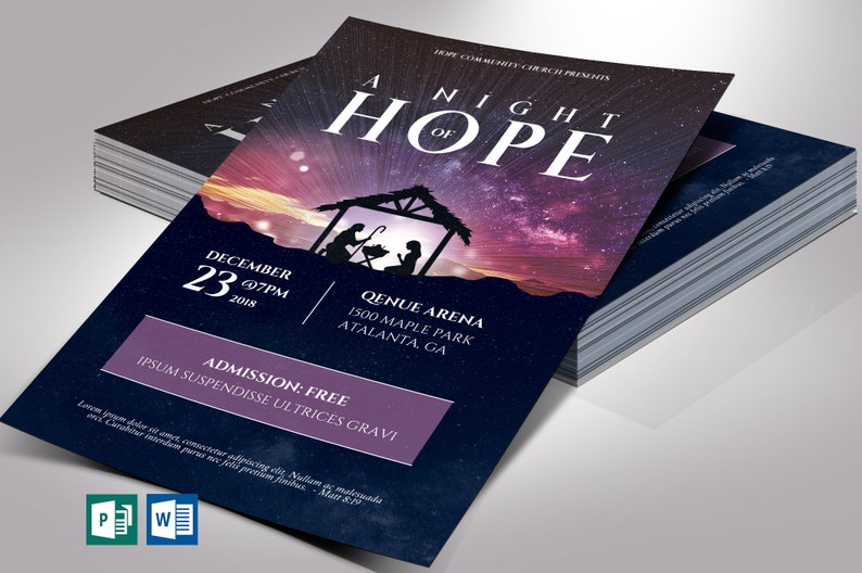 Hope Christmas Flyer Word and Publisher Template, 5.5 x 8.5 inches, has a nativity as the focal point with a colorful starry night sky. The invitation is great for Christmas Plays and Cantatas.