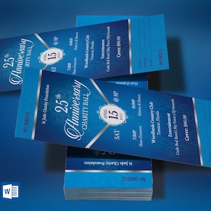 Blue Silver Anniversary Banquet Ticket Templates, Word/Publisher, Church Event, Pastor Celebration, 3x7 in, Editable, Instant Download