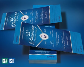 Blue Silver Anniversary Banquet Ticket Template (Word/Publisher, 3x7 in, Digital Download)