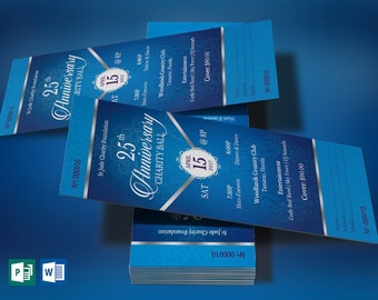 Blue Silver Anniversary Banquet Ticket Template | Word Template, Publisher | Church Anniversary, Pastor Events | 3x7 in