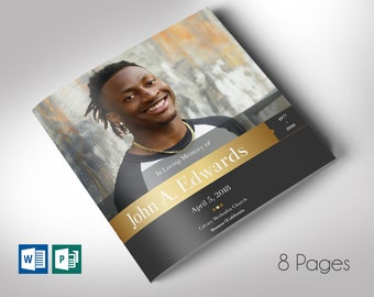 Remember Gold Square Funeral Program Template for Word and Publisher | 8 Pages |  Bi-fold to 8x8 inches