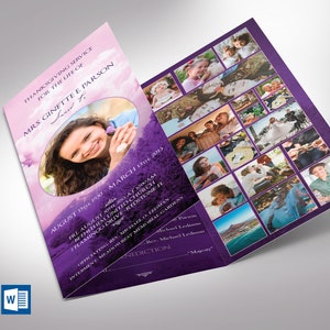 Conjunto de plantillas para programa funerario tríptico de Violet Sky, Word y editor, celebración de la vida, plantilla de obituario para mujeres, tríptico de 11 x 8,5 pulgadas
