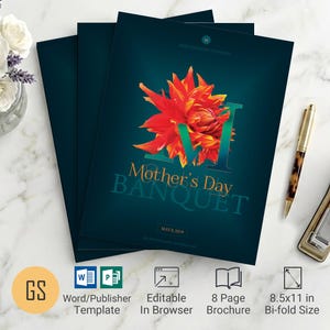 Mother's Day Gala Program Template | Word and Publisher: Teal & Gold 4-Page Bifold Brochure (8.5x11)