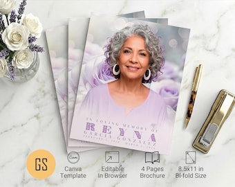 Purple Roses Funeral Program Template | Canva: 4-Page Tabloid Bifold Memorial Obituary (8.5x11) Digital Download
