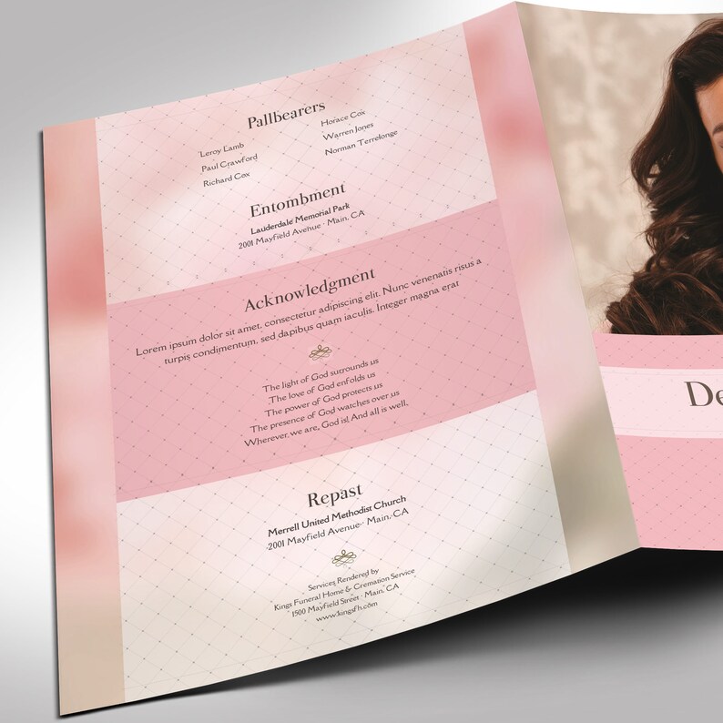 Glamour Tabloid Funeral Program Template for Word and Publisher has 4 Pages. It uses soft pink and white colors and transparency for an elegant theme. The Tabloid Print Size of 17x11 inches is Bi-Fold to 8.5x11 inches. The celebration of life bi-fold