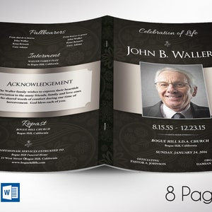 Black Silver Dignity Funeral Program Word and Publisher Template, has silver decals and text style laid over silver and black background with a Paisley pattern. The Print Size is 11 x 8.5 inches, and the Bi-Fold Size is 5.5 x 8.5 inches.