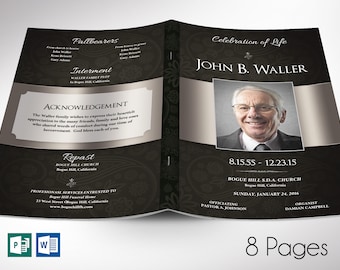 Black Silver Dignity Funeral Program Template | Word Template, Publisher | Celebration of Life | 8 Pages | 5.5x8.5 in