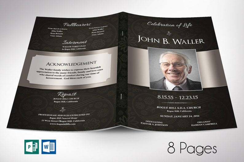 Black Silver Dignity Funeral Program Word and Publisher Template, has silver decals and text style laid over silver and black background with a Paisley pattern. The Print Size is 11 x 8.5 inches, and the Bi-Fold Size is 5.5 x 8.5 inches.