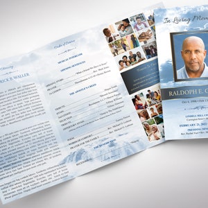This gorgeous Blue Forever Legal Trifold Funeral Program Template for Canva is 14x8.5 inches and is the perfect way to honor and remember your loved one as you create a lasting legacy of their life. This timeless celebration of life design features