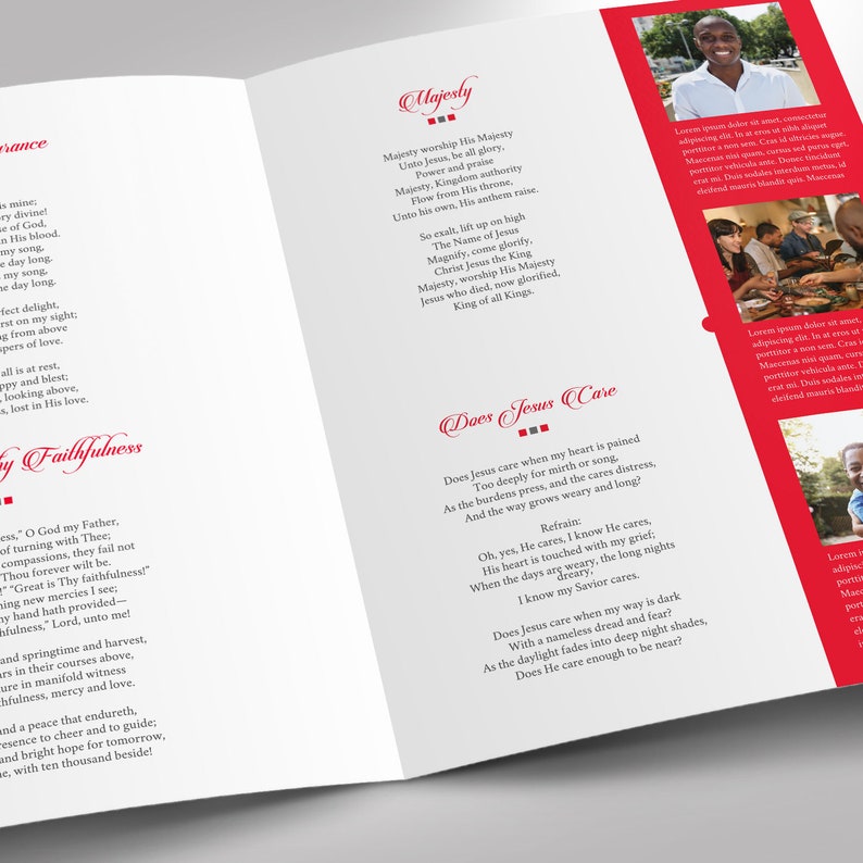 Remember Red Funeral Program Word and Publisher Tabloid Template has 8 pages. The red and black solid-colored shapes with beautiful typography make this a great keepsake. The Print Size is 17 x 11 inches, and the Bi-Fold Size is 8.5 x 11 inches.