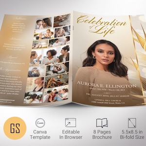 Plantilla de programa funerario beige para Canva, 8 páginas, color beige paraíso y dorado, celebración de la vida, obituario de una mujer, tamaño carta de EE. UU., 5.5 x 8.5 pulgadas