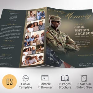 Plantilla clásica de programa de funeral del ejército, Canva, verde dorado, estilo revista pequeña, plantilla de obituario, hombres, celebración de la vida, 8 páginas, 5,5 x 8,5