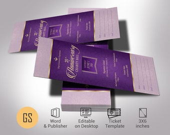 Anniversary Banquet Ticket Template | Word Template, Publisher - Purple Gold | Church Anniversary | 2 Sides | 3.25x8 in