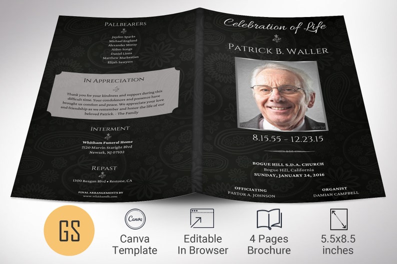 Black Silver Funeral Program Template for Canva V2 Etsy