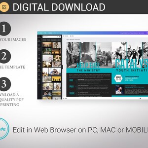 Puede incluir: Una plantilla de descarga digital para un evento de iniciativa juvenil. La plantilla presenta un esquema de color azul y negro con el texto "Catalyst Youth Initiative" y "Help Fuel The Ministry".