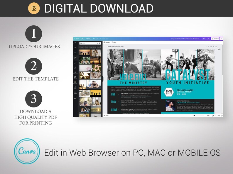 Puede incluir: Una plantilla de descarga digital para un evento de iniciativa juvenil. La plantilla presenta un esquema de color azul y negro con el texto "Catalyst Youth Initiative" y "Help Fuel The Ministry".