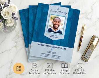 Blue Wood Funeral Program Template | Canva: 8-Page Tabloid Bifold Obituary (8.5x11) Digital Download